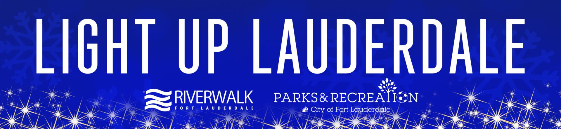 Light Up Lauderdale. November 10, 2022. 6 PM. Esplanade Park. Photos of orchestra, petting zoo, Santa, bounce house, and family in front of a holiday tree.