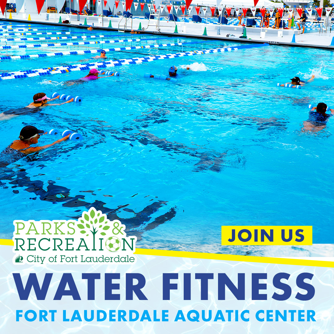 Water fitness at the Fort Lauderdale Aquatic Center. Register now. Photo of people exercising in a pool with weights