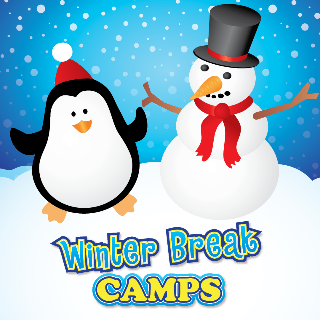 Winter Break Camps winter scene with penguin and snowman